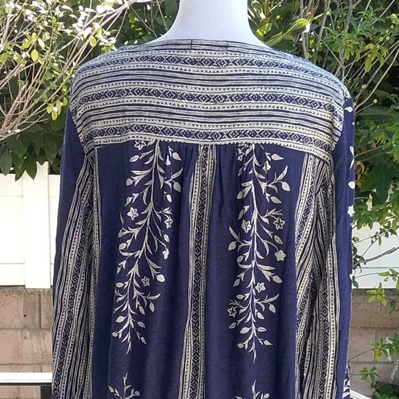 Lucky Brand Women's Top Size Med Blue White Boho Printed Peasant Long Sleeve - Picture 5 of 7